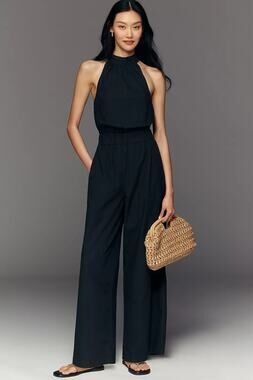 New Anthropologie Let Me Be CMS Cotton Halter Jumpsuit $168 MEDIUM Black